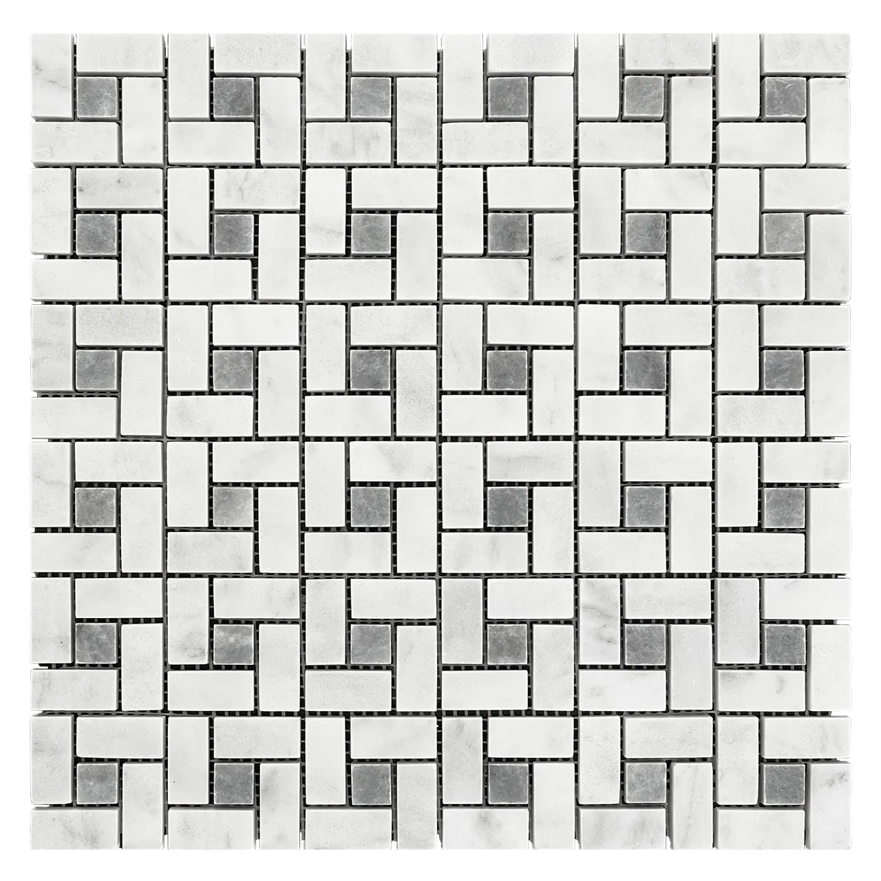 Carrara White Italian Marble Target Pinwheel Mosaic Tile with Bardiglio Gray Dots Polished