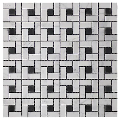 Carrara White Italian Marble Target Pinwheel Mosaic Tile with Nero Marquina Black Dots Polished