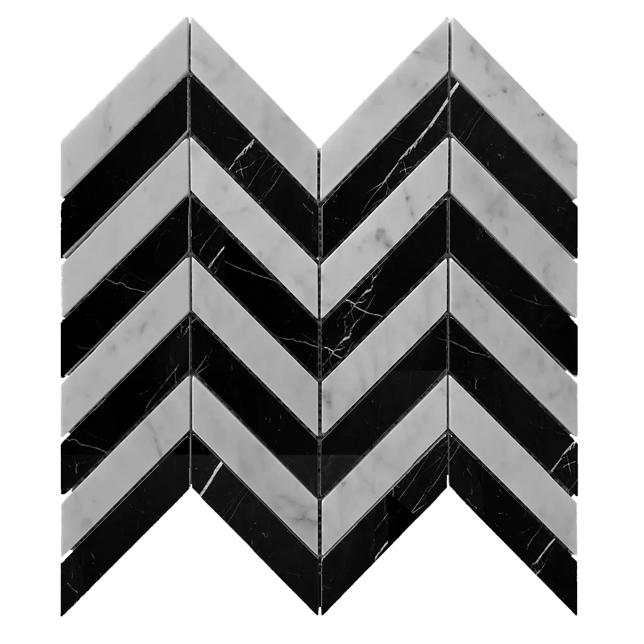 Carrara White Italian Marble with Black 1" x 4" Chevron Mosaic Tile Honed