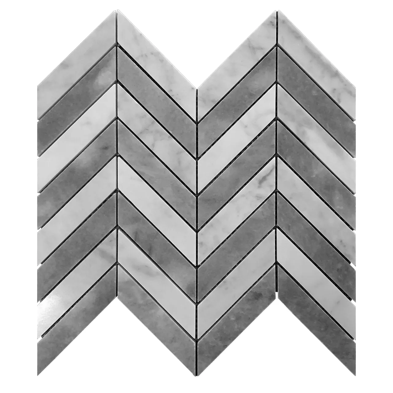 Carrara White Italian Marble with Bardiglio 1" x 4" Chevron Mosaic Tile Honed