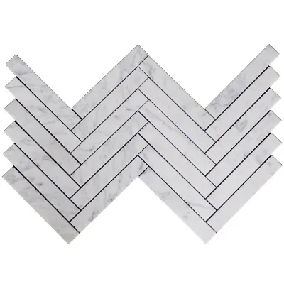 Carrara White Italian Marble 1" x 6" Herringbone Mosaic Tile Polished