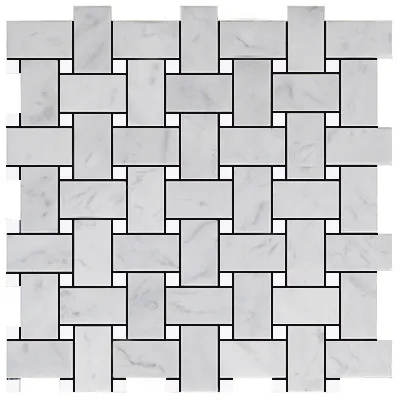 Carrara White Italian Marble Basketweave Mosaic Tile with Bianco Dolomite Dots Polished