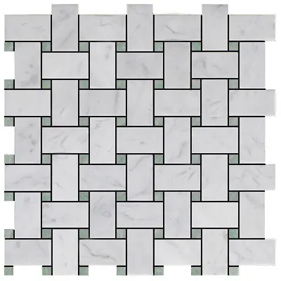 Carrara White Italian Marble Basketweave Mosaic Tile with Green Dots Polished