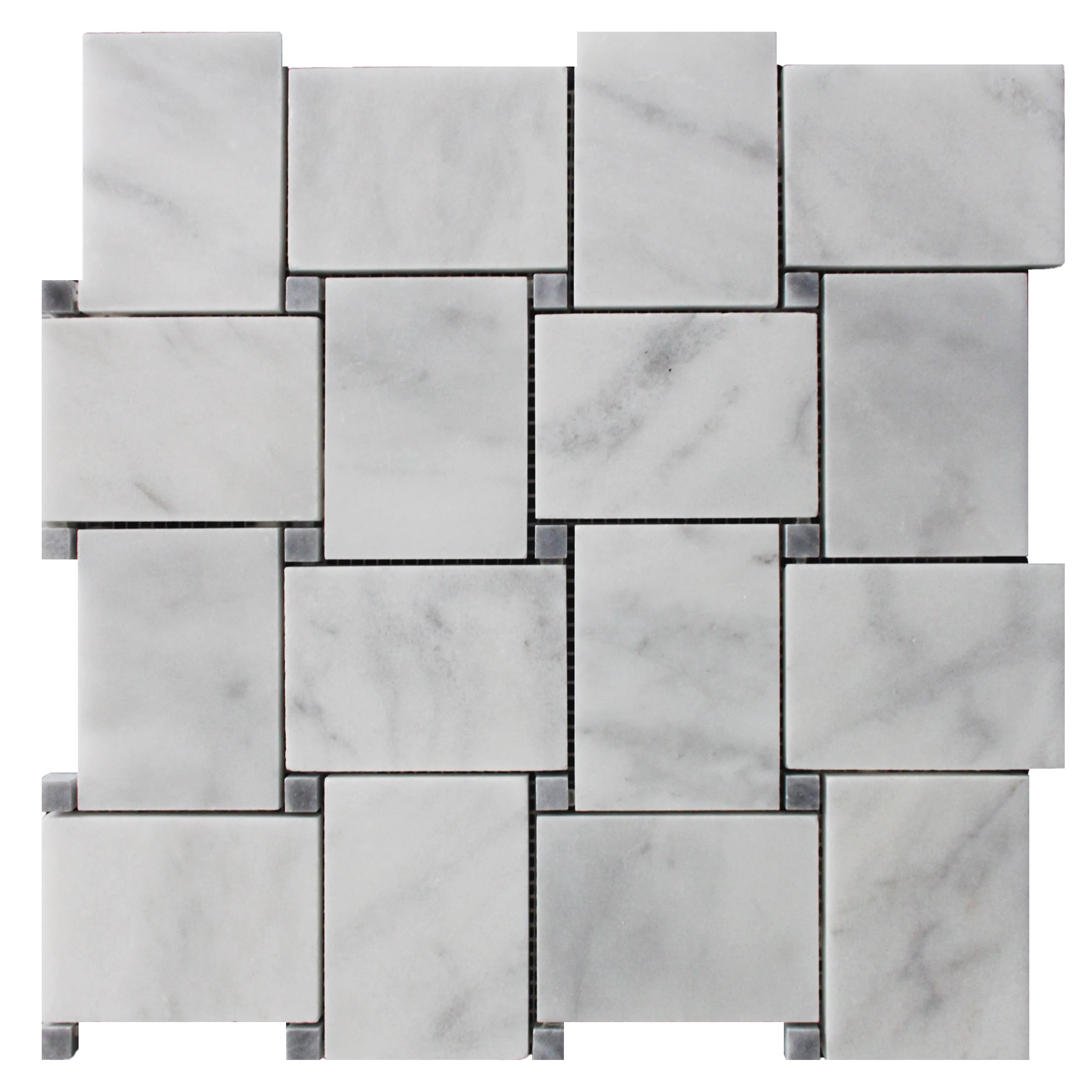 Carrara White Italian Marble Large Basketweave Mosaic Tile with Bardiglio Gray Dots Honed