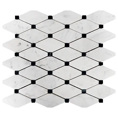 Carrara White Italian Marble Long Octagon Rhomboid Mosaic Tile with Nero Marquina Black Dots Honed