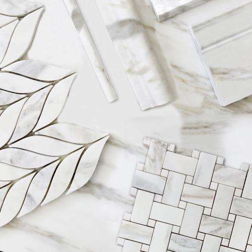 Calacatta Gold Italian Marble Basketweave Mosaic Tile with Calacatta Oro Dots Honed