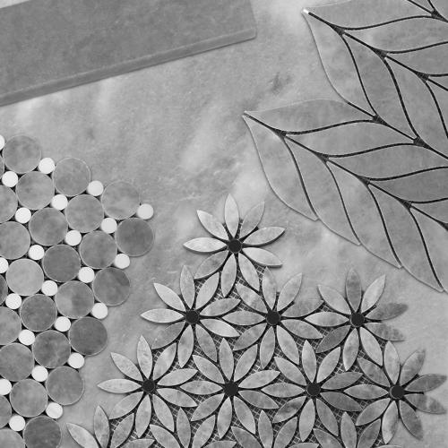 Bardiglio Gray Marble With Nero Marquina Black Accent Daisy Flower Waterjet Mosaic Tile Honed