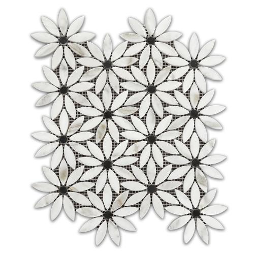 Calacatta Gold Italian Marble with Nero Marquina Black Accent Daisy Flower Waterjet Mosaic Tile Honed