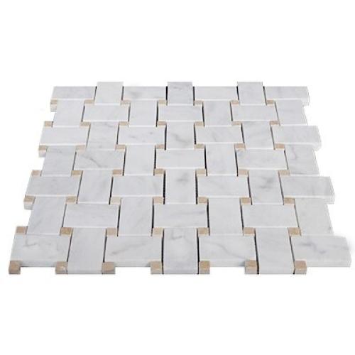 Carrara  White Italian Marble Basketweave Mosaic Tile with Crema Marfil Dots Honed