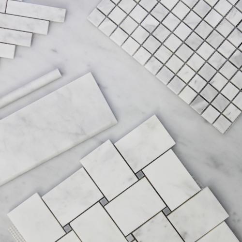 Carrara White Italian Marble Large Basketweave Mosaic Tile with Bardiglio Gray Dots Polished