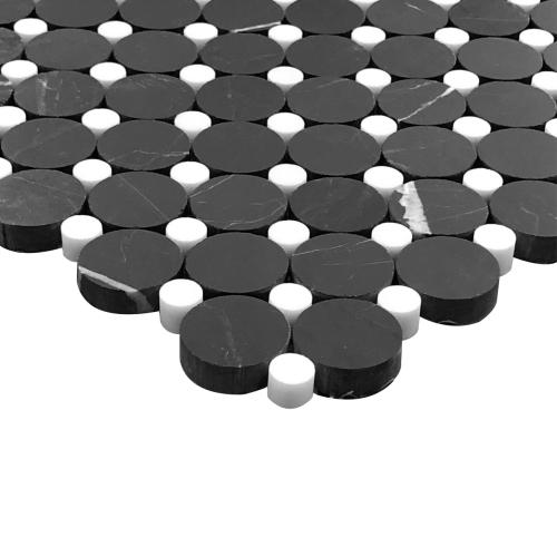 Nero Marquina Black Marble Penny Circles Mosaic Tile with Dolomite Polished