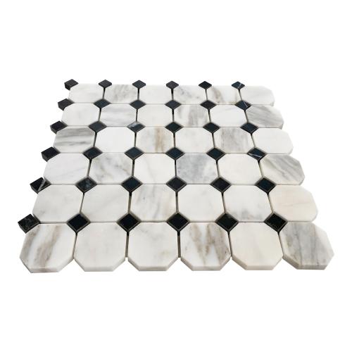 Calacatta Gold Marble Octagon with Black Dots Mosaic Tile Honed