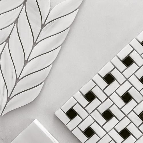 Bianco Dolomite Marble Target Pinwheel Mosaic Tile with Nero Marquina Black Dots Polished