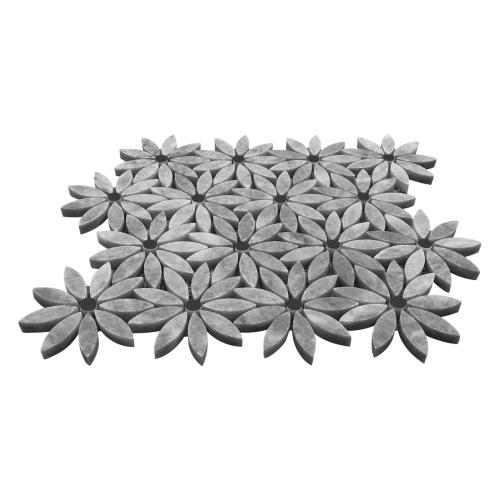 Bardiglio Gray Marble With Nero Marquina Black Accent Daisy Flower Waterjet Mosaic Tile Honed