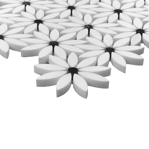 Bianco Dolomite Marble With Nero Marquina Black Accent Daisy Flower Waterjet Mosaic Tile Polished