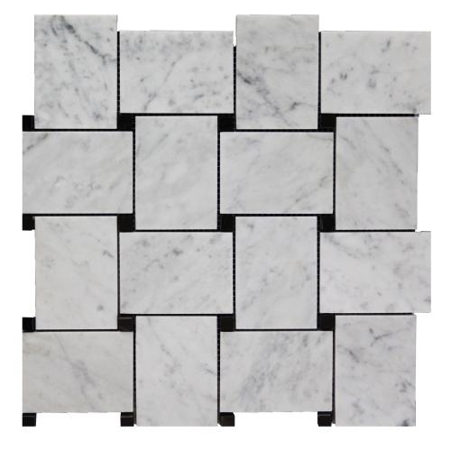 Carrara White Italian Marble Large Basketweave Mosaic Tile with Nero Marquina Black Dots Honed