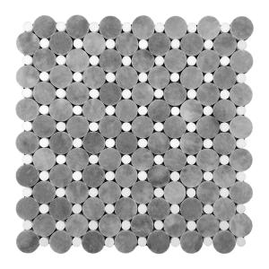 Bardiglio Gray Marble Penny Circles Mosaic Tile with Bianco Dolomite White Circles Honed