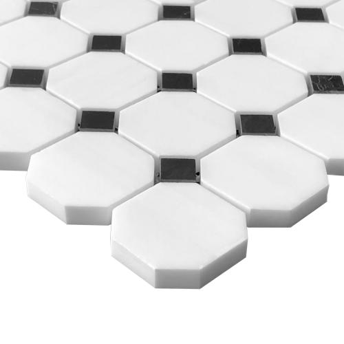 Bianco Dolomite Marble Octagon with Black Dots Mosaic Tile Polished