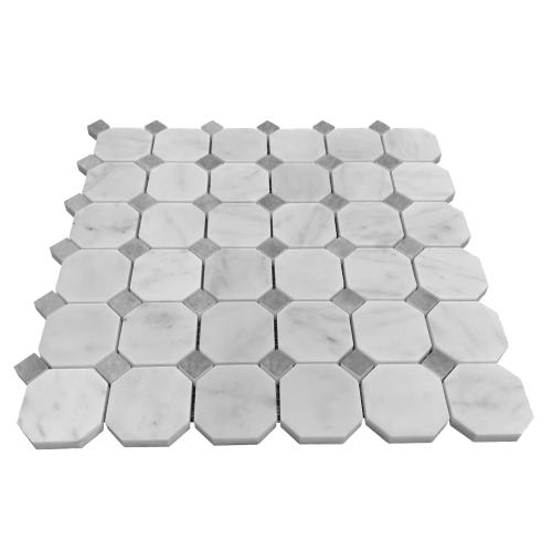 Carrara White Italian Marble Octagon with Bardiglio Dots Mosaic Tile Polished