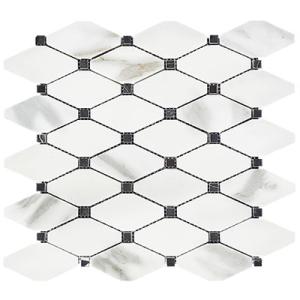 Calacatta Gold Italian Marble Long Octagon Rhomboid Mosaic Tile with Black Dots Honed