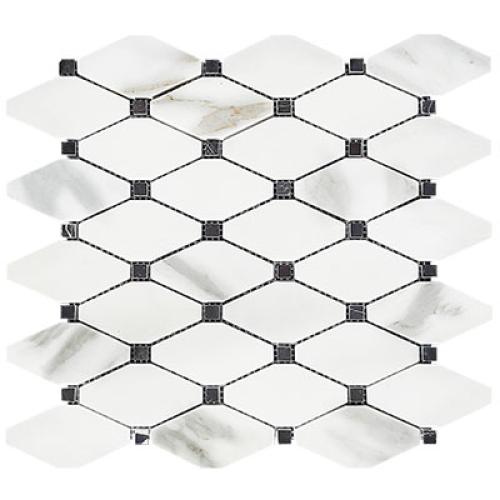 Calacatta Gold Italian Marble Long Octagon Rhomboid Mosaic Tile with Black Dots Honed