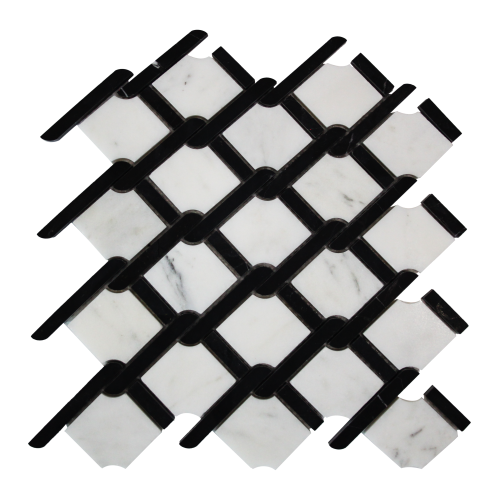 Carrara White Italian Marble Marbella Lynx Rope Design with Nero Marquina Black Strips Mosaic Tile Polished