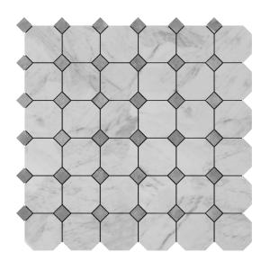 Carrara White Italian Marble Octagon with Bardiglio Dots Mosaic Tile Honed