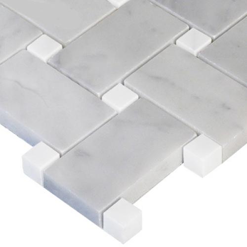 Carrara White Italian Marble Basketweave Mosaic Tile with Bianco Dolomite Dots Polished