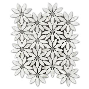 Calacatta Gold Italian Marble with Bardiglio Gray Accent Daisy Flower Waterjet Mosaic Tile Honed