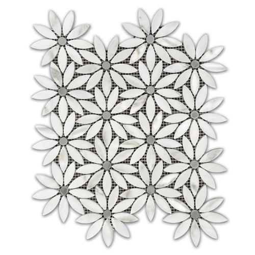 Calacatta Gold Italian Marble with Bardiglio Gray Accent Daisy Flower Waterjet Mosaic Tile Honed