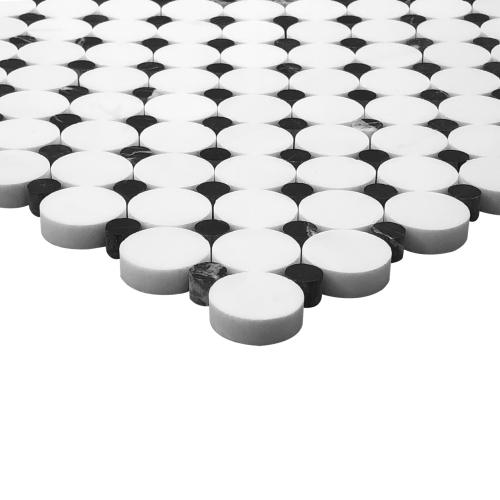 Bianco Dolomite Marble Penny Circles Mosaic Tile with Nero Marquina Black Circles Honed