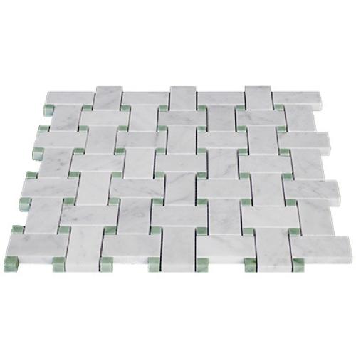 Carrara White Italian Marble Basketweave Mosaic Tile with Green Dots Honed
