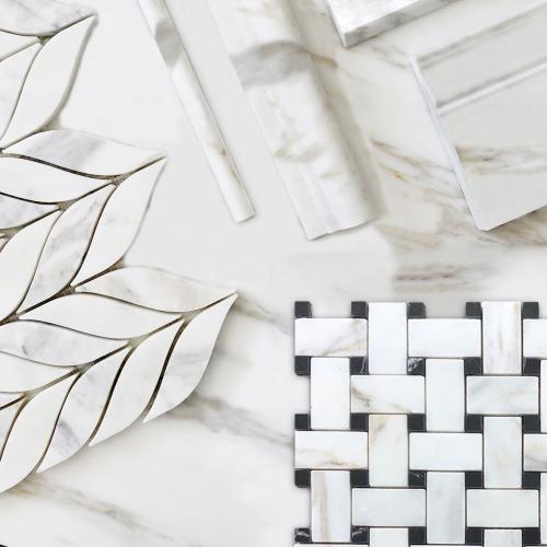 Calacatta Gold Italian Marble Basketweave Mosaic Tile with Black Dots Polished