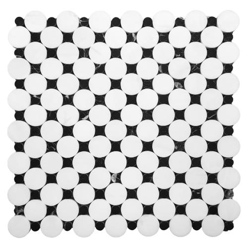 Bianco Dolomite Marble Penny Circles Mosaic Tile with Nero Marquina Black Circles Honed