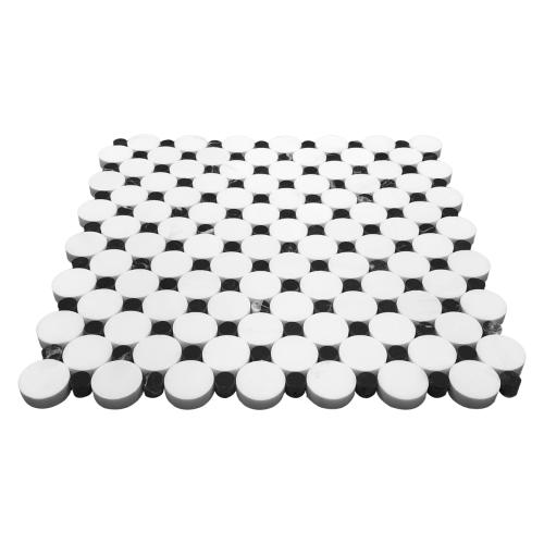 Bianco Dolomite Marble Penny Circles Mosaic Tile with Nero Marquina Black Circles Honed