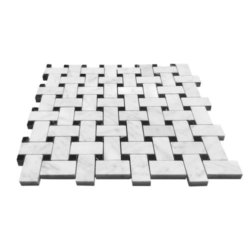Carrara White Italian Marble Basketweave Mosaic Tile with Nero Marquina Black Dots Polished