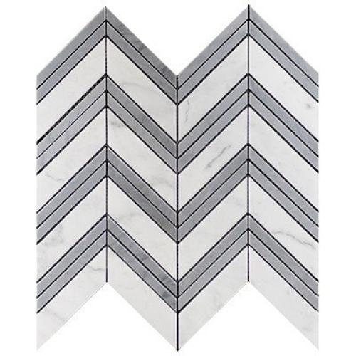 Carrara White Italian Marble Chevron Mosaic Tile with Bardiglio Gray Strips Honed