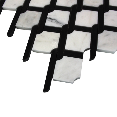 Carrara White Italian Marble Marbella Lynx Rope Design with Nero Marquina Black Strips Mosaic Tile Honed