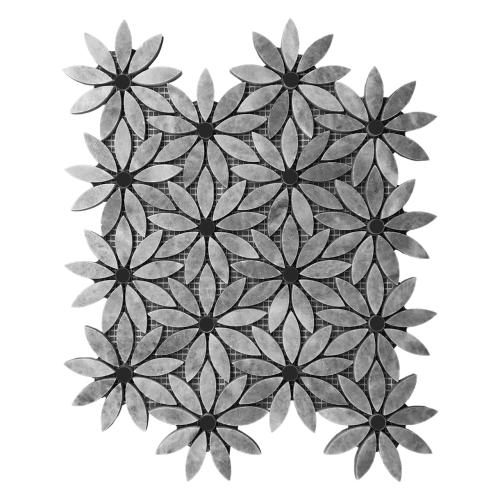 Bardiglio Gray Marble With Nero Marquina Black Accent Daisy Flower Waterjet Mosaic Tile Honed