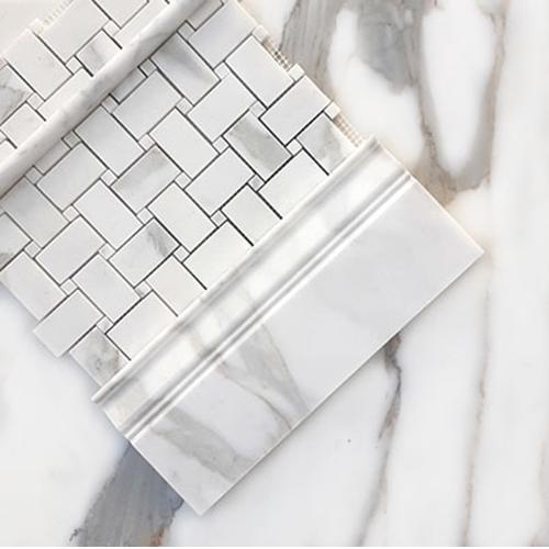 Calacatta Gold Italian Marble Large Basketweave Mosaic Tile with Calacatta Oro Dots Polished