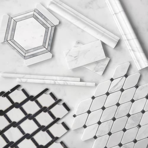 Carrara White Italian Marble Marbella Lynx Rope Design with Nero Marquina Black Strips Mosaic Tile Honed