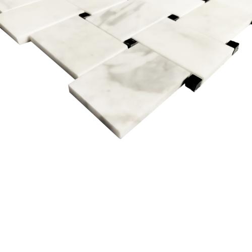 Calacatta Gold Italian Marble Large Basketweave Mosaic Tile with Nero Marquina Black Dots Polished