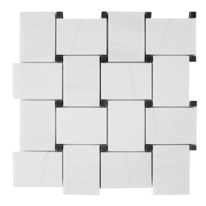 Bianco Dolomite Marble Large Basketweave Mosaic Tile with Nero Marquina Black Dots Polished