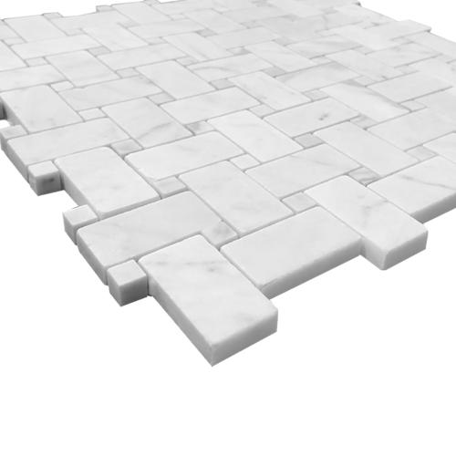 Carrara White Italian Marble Basketweave Mosaic Tile with Carrara Dots Polished