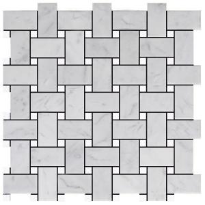 Carrara White Italian Marble Basketweave Mosaic Tile with Bianco Dolomite Dots Polished