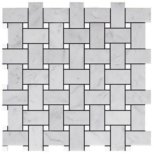 Carrara White Italian Marble Basketweave Mosaic Tile with Bianco Dolomite Dots Polished