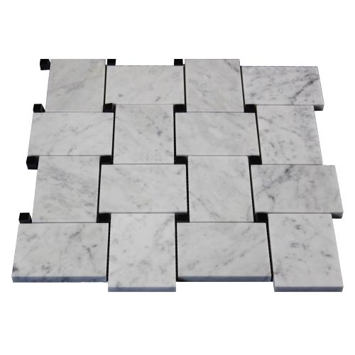 Carrara White Italian Marble Large Basketweave Mosaic Tile with Nero Marquina Black Dots Honed