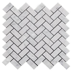 Carrara White Italian Marble 1" x 2" Herringbone Mosaic Tile Polished