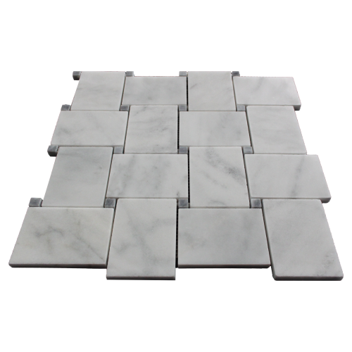 Carrara White Italian Marble Large Basketweave Mosaic Tile with Bardiglio Gray Dots Polished