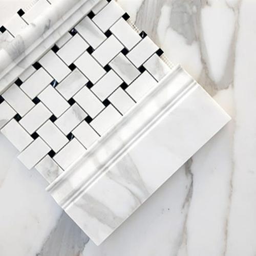 Calacatta Gold Italian Marble Large Basketweave Mosaic Tile with Nero Marquina Black Dots Honed
